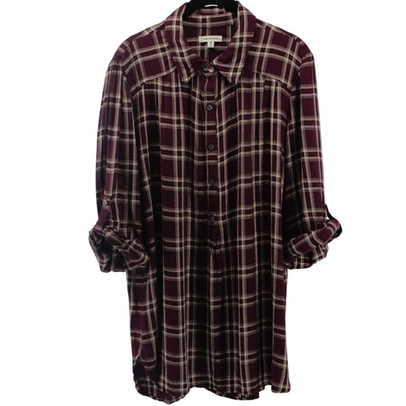 Max Studio Maroon and Tan Plaid Jersey Button Down Fall Pumpkin Patch Size XL - Picture 2 of 9